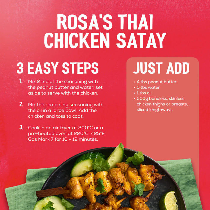 An infographic with recipe instructions for preparing Sa Rt Chicken Satay X12, showing the finished dish of grilled chicken skewers on a dark plate with fresh cucumber and lime.