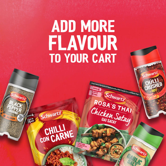 An advertisement from Schwartz with the text Add more flavour to your cart shows a variety of products including Black Pepper, Chilli Crushed, Garlic Salt, a Chilli Con Carne mix, and a package of Sa Rt Chicken Satay X12.