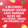 A vibrant red advertisement for the Sa Rt Chicken Satay X12 describes it as a deliciously fragrant marinade mix with coconut, turmeric, and coriander leaf, surrounded by floating fresh ginger, coconut, and herbs.