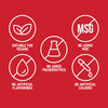 An infographic on a red background displays five white icons and text to highlight the product claims for Ss Garlic And Lime Rub 24Gx20, including suitable for vegans, no added MSG, and no artificial colours, flavourings, or preservatives.
