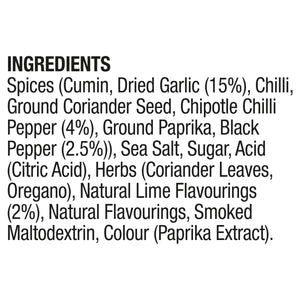 The ingredients list for the Ss Garlic And Lime Rub 24Gx20, which includes spices like cumin and dried garlic, herbs, sea salt, and natural lime flavourings.