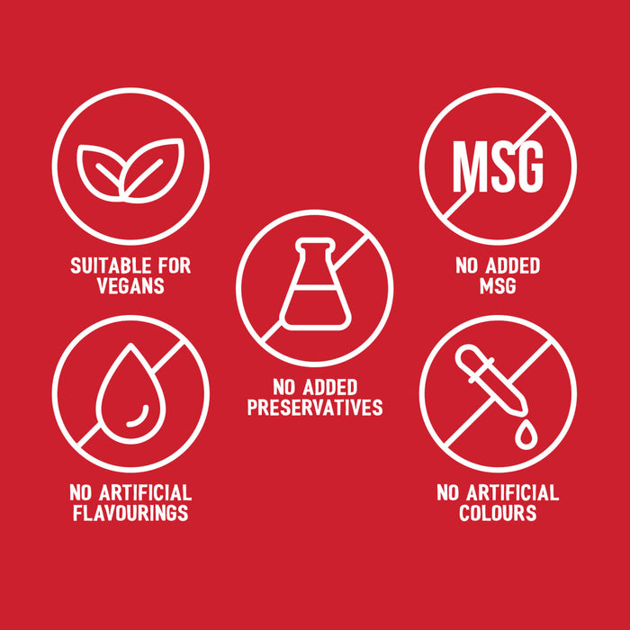 An infographic with five icons on a red background highlights the product attributes of the Ss Sweet And Smoky Rub 24Gx20, including suitable for vegans, no added MSG, no added preservatives, no artificial flavourings, and no artificial colours.