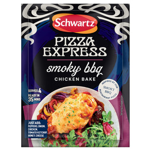 A packet of Schwartz Pizza Express Smoky BBQ Chicken Bake seasoning mix is shown in front of a serving suggestion of a cheesy chicken breast on a bed of roasted vegetables and salad greens.