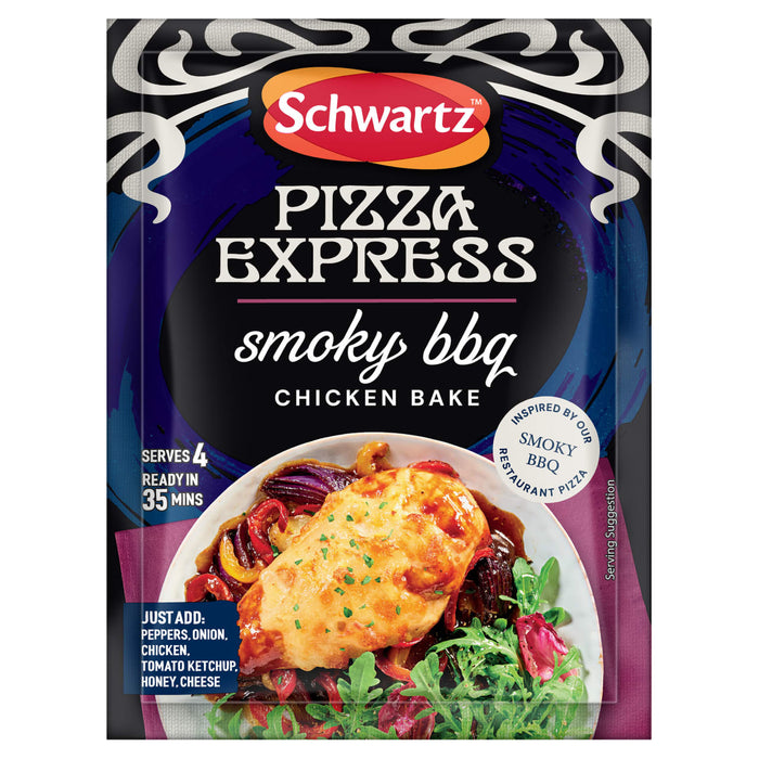 A packet of Schwartz Pizza Express Smoky BBQ Chicken Bake seasoning mix is shown in front of a serving suggestion of a cheesy chicken breast on a bed of roasted vegetables and salad greens.