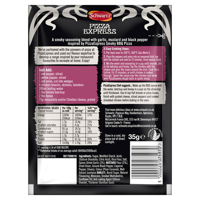 The back of a black packet of Schwartz Pizza Express Smoky BBQ Pizza seasoning blend, showing the ingredients, nutritional information, and cooking instructions.