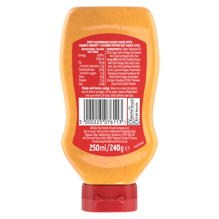 The back of a bottle of Frank's RedHot Spicy Mayonnaise Based Sauce, detailing the nutritional information, ingredients, and usage instructions.