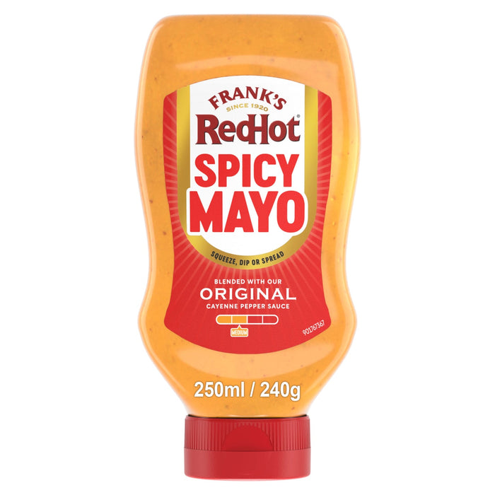 A 250ml squeeze bottle of Fcon Franks Spicy Mayo 8X250Ml blended with original cayenne pepper sauce and featuring a medium heat rating.