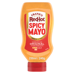 A 250ml squeeze bottle of Fcon Franks Spicy Mayo 8X250Ml blended with original cayenne pepper sauce and rated medium on the heat scale.