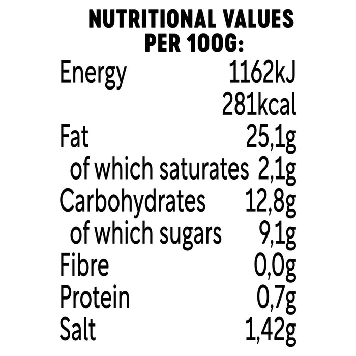 An infographic displaying the nutritional values per 100g for Fcon Franks Spicy Mayo 8X250Ml including 281 calories and 25.1g of fat.