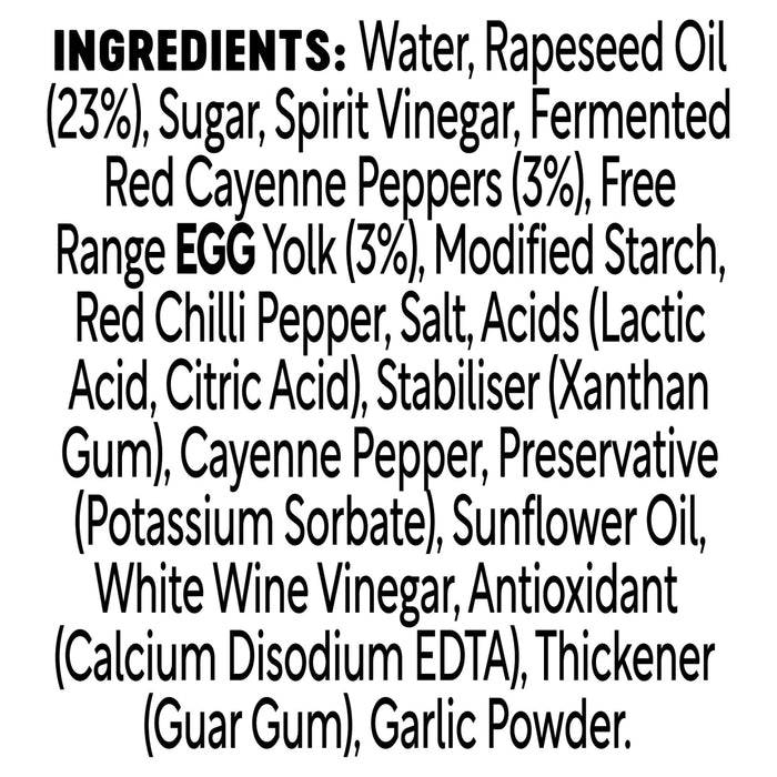 A detailed list of ingredients for Fcon Franks Spicy Mayo 8X250Ml including water, rapeseed oil, sugar, spirit vinegar, fermented red cayenne peppers, and free range egg yolk.