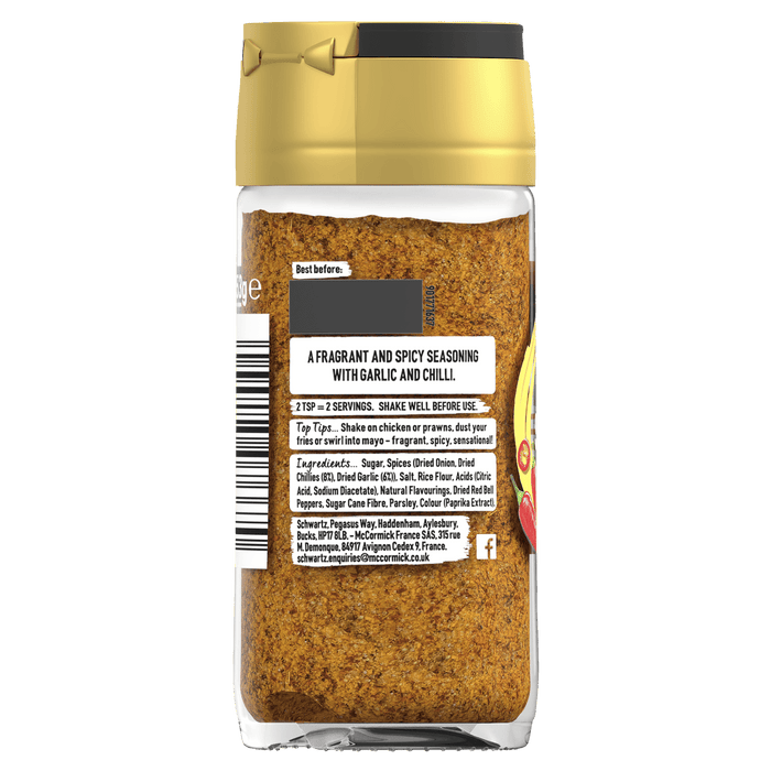 The back of a glass jar of Schwartz Jr Thai Sweet Chil Seas X6 displays the ingredients and serving suggestions for the fragrant and spicy seasoning with garlic and chilli.