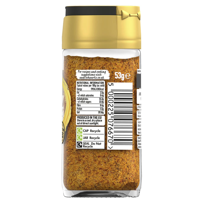 The back of a glass jar of Schwartz Jr Thai Sweet Chil Seas X6, showing the nutritional information, barcode, and recycling instructions on the label.