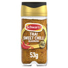 A clear shaker jar of Schwartz Thai Sweet Chilli Seasoning, an item from the Jr Thai Sweet Chil Seas X6 product range, is displayed against a white background, showing the seasoning and red chillies on the label.