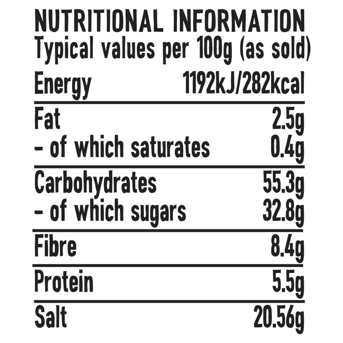 An infographic of the nutritional information label for the Jr Thai Sweet Chil Seas X6, detailing the typical values per 100g for energy, fat, carbohydrates, fibre, protein, and salt.