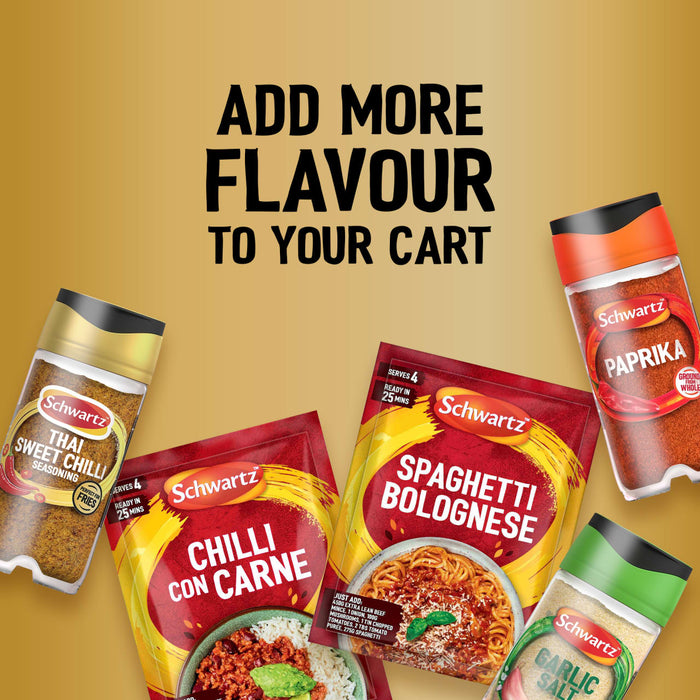 A promotional graphic featuring various Schwartz products including a jar of Jr Thai Sweet Chil Seas X6 alongside packets of Chilli Con Carne and Spaghetti Bolognese to add more flavour to your cart.