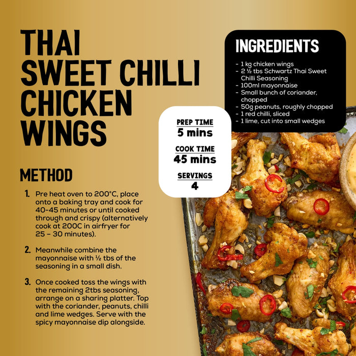 This recipe infographic for Thai Sweet Chilli Chicken Wings features a step by step guide using Jr Thai Sweet Chil Seas X6 to create a flavorful dish served with spicy mayonnaise.