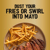 A plate of seasoned fries and sliced steak illustrates how to use Jr Thai Sweet Chil Seas X6 by dusting it over the food or swirling it into mayo.