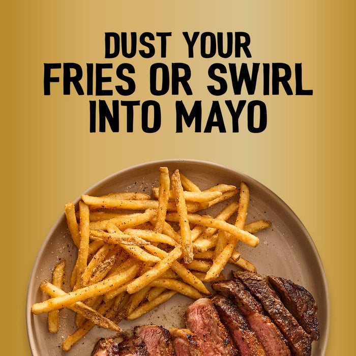 A plate of seasoned fries and sliced steak illustrates how to use Jr Thai Sweet Chil Seas X6 by dusting it over the food or swirling it into mayo.