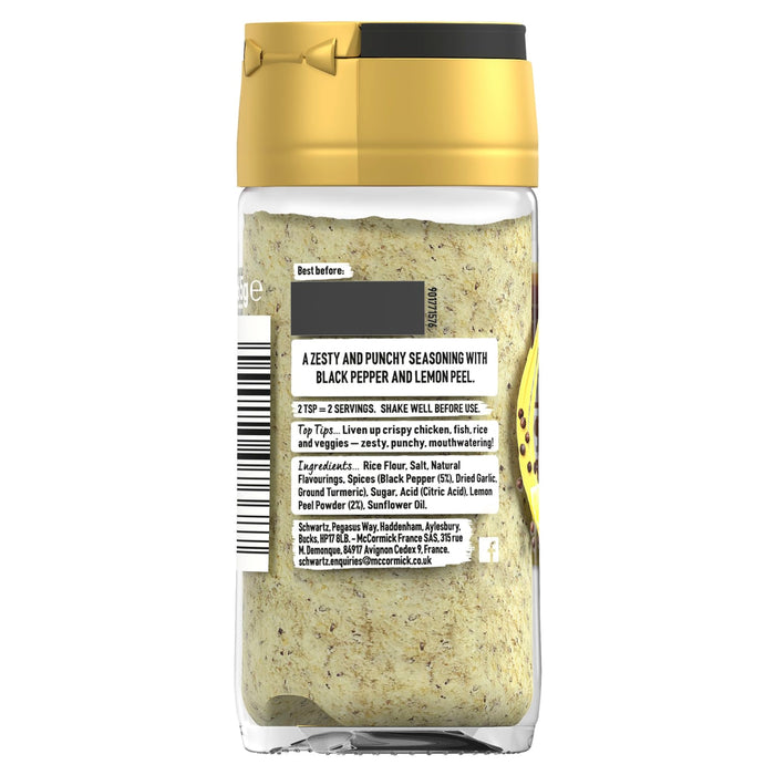 A glass jar of Schwartz Jr Lemon Pepper Seas X6 contains a zesty and punchy seasoning with black pepper and lemon peel, with the ingredients and usage tips visible on the back label.