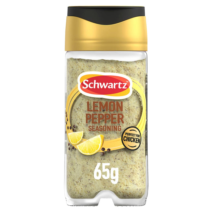 A clear jar of Schwartz Lemon Pepper Seasoning, part of the Jr Lemon Pepper Seas X6 product line, is shown with a gold and black lid and a label featuring lemon wedges and peppercorns.