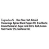 The ingredients list for the Jr Lemon Pepper Seas X6 is displayed in black text, including rice flour, salt, spices like black pepper and turmeric, and lemon peel powder.