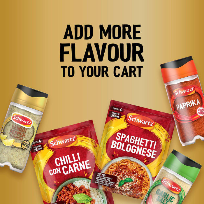 A promotional graphic featuring various Schwartz products including a bottle of Jr Lemon Pepper Seas X6 alongside Paprika, Garlic Salt, and meal kits for Chilli Con Carne and Spaghetti Bolognese.