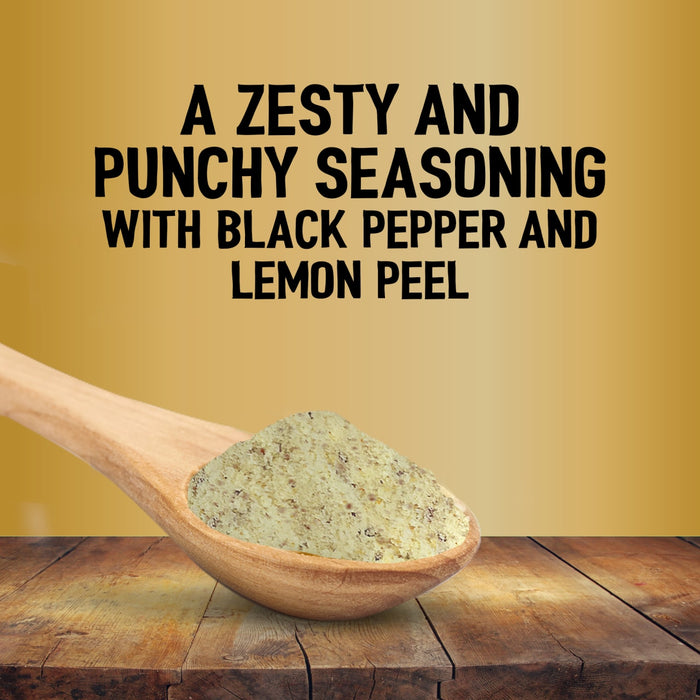 A promotional graphic for Jr Lemon Pepper Seas X6 by Schwartz featuring the text ZESTY PUNCHY MOUTHWATERING against a golden background.