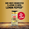 A promotional graphic for Schwartz Jr Lemon Pepper Seas X6 seasoning featuring a bottle on a wooden surface with text stating it is the most requested flavor from the customer service inbox.