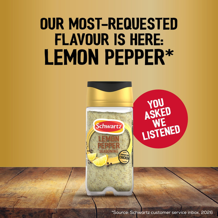 A promotional graphic for Schwartz Jr Lemon Pepper Seas X6 seasoning featuring a bottle on a wooden surface with text stating it is the most requested flavor from the customer service inbox.