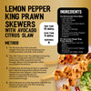 This recipe infographic for Lemon Pepper King Prawn Skewers with Avocado Citrus Slaw features the use of Jr Lemon Pepper Seas X6 and Schwartz Garlic Butter Seasoning to create a flavorful four-serving meal in just twenty minutes.