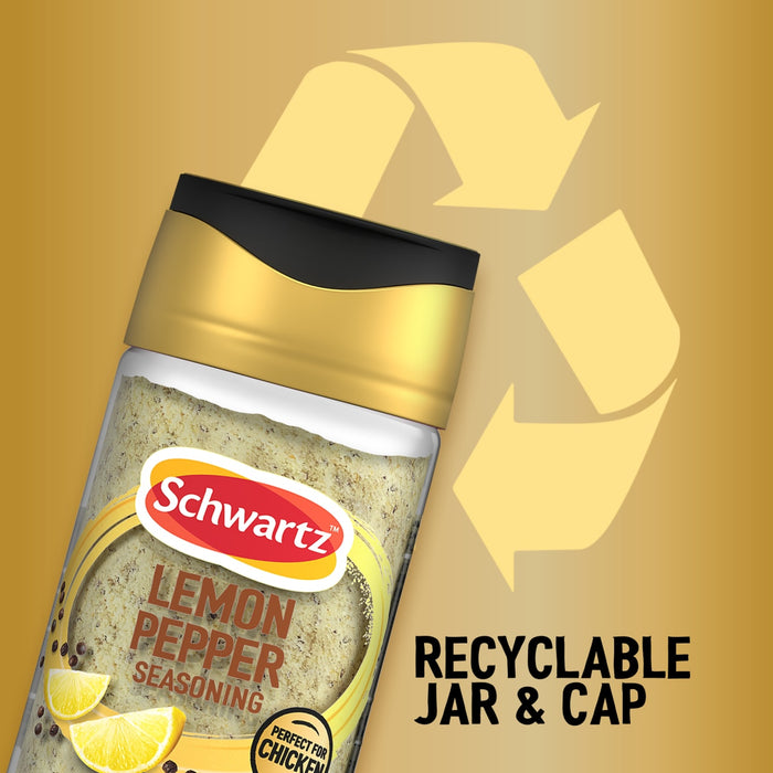 A graphic illustration highlighting the sustainability of Jr Lemon Pepper Seas X6 by Schwartz featuring a recyclable jar and cap against a gold background with a large recycling symbol.