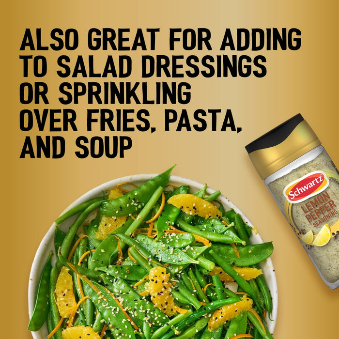 A bottle of Schwartz Jr Lemon Pepper Seas X6 is shown alongside a fresh green bean and orange salad to illustrate that it is also great for adding to salad dressings or sprinkling over fries pasta and soup.