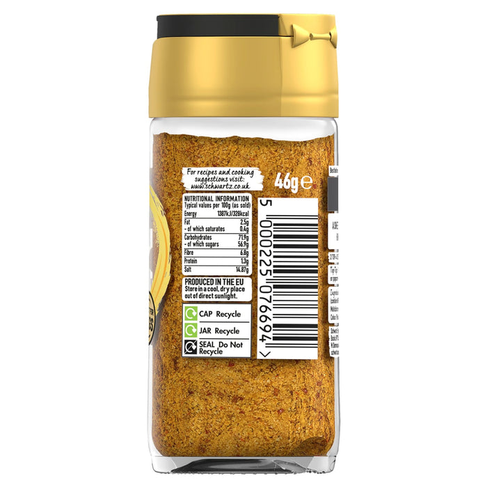 The back of a glass Schwartz spice jar for Jr Hot Honey Seas X6, showing the nutritional information, barcode, and recycling instructions.