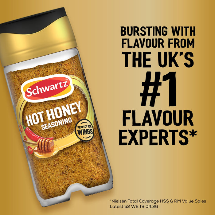 A bottle of Schwartz Jr Hot Honey Seas X6 seasoning is displayed against a gold background with text highlighting the brand as the number one flavour experts in the UK.