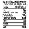 The nutritional information label for the Jr Hot Honey Seas X6, detailing the typical values per 100g for energy, fat, carbohydrates, fibre, protein, and salt.