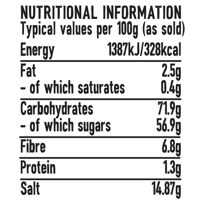 The nutritional information label for the Jr Hot Honey Seas X6, detailing the typical values per 100g for energy, fat, carbohydrates, fibre, protein, and salt.