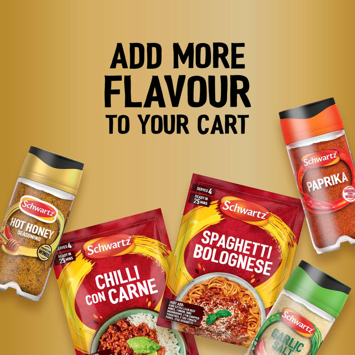 A promotional graphic featuring various Schwartz products including a jar of Jr Hot Honey Seas X6 alongside Paprika, Garlic Salt, and packets for Chilli Con Carne and Spaghetti Bolognese.