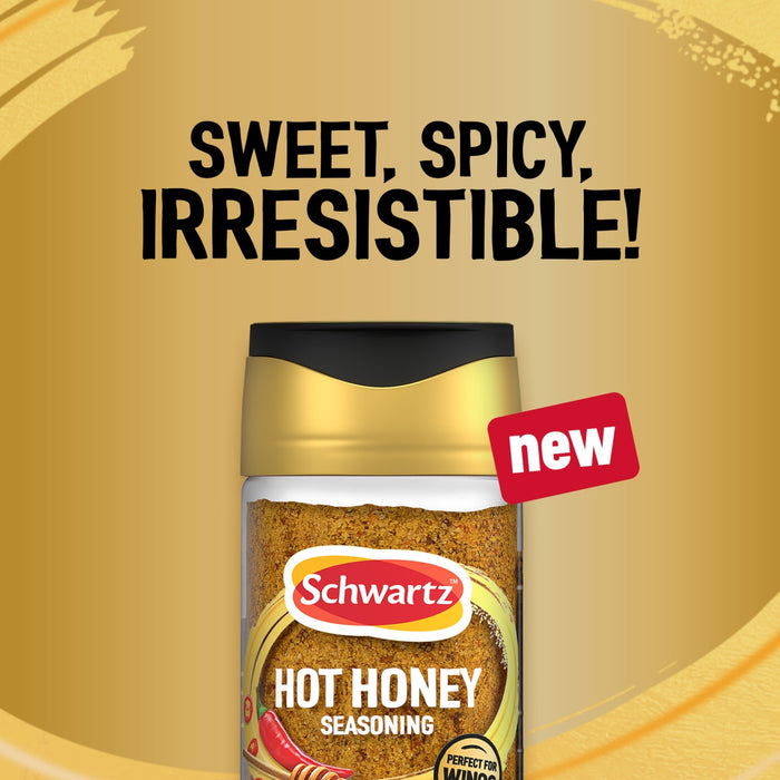 A promotional graphic for the new Schwartz Jr Hot Honey Seas X6 featuring the text Sweet Spicy Irresistible against a golden background.