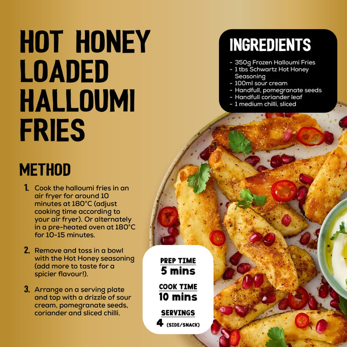 This recipe infographic for Hot Honey Loaded Halloumi Fries features a step by step method and an ingredients list that includes Jr Hot Honey Seas X6.