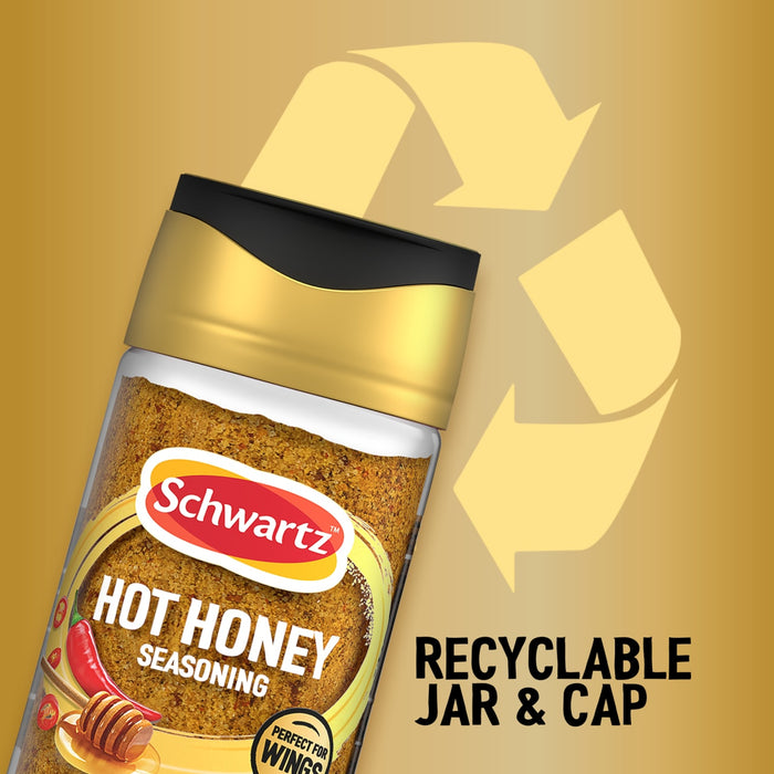 A promotional graphic highlighting the sustainability of the Jr Hot Honey Seas X6 by Schwartz featuring a recyclable jar and cap against a gold background with a large recycling symbol.