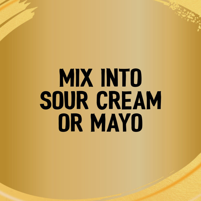 A graphic illustration with a gold background featuring black text that suggests to mix the Jr Hot Honey Seas X6 into sour cream or mayo.