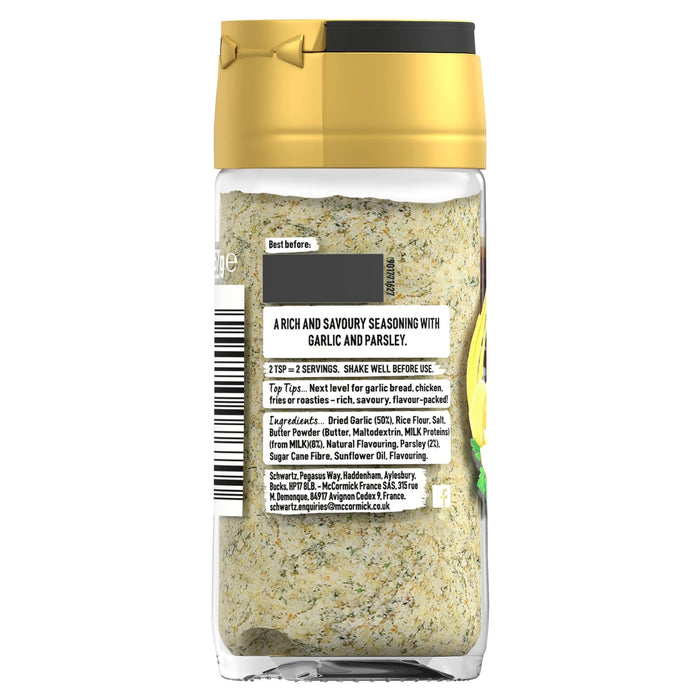 A clear glass jar of Schwartz Jr Garlic Butter Seas X6 seasoning is shown from the back, detailing the ingredients for the rich and savoury garlic and parsley blend.