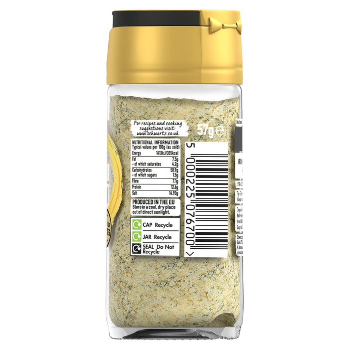 The back of a glass jar of Schwartz Jr Garlic Butter Seas X6, showing the nutritional information, barcode, and recycling instructions.