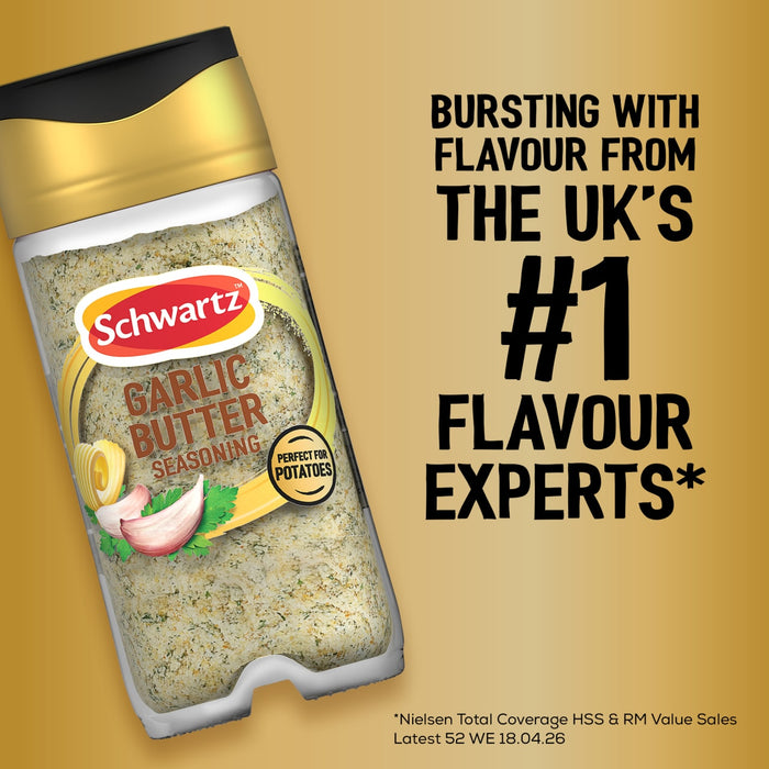 A bottle of Jr Garlic Butter Seas X6 by Schwartz is displayed against a gold background with text claiming it is from the UK number one flavour experts.