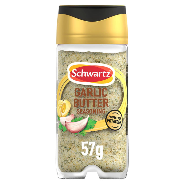A clear jar of Schwartz Garlic Butter Seasoning, representing the Jr Garlic Butter Seas X6 product, is displayed against a white background.
