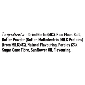 The ingredients list for the Jr Garlic Butter Seas X6 seasoning is displayed, showing dried garlic, rice flour, and butter powder.