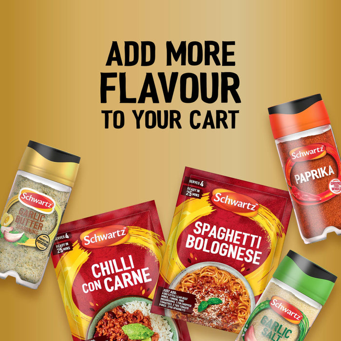A promotional graphic featuring various Schwartz products including Jr Garlic Butter Seas X6, Paprika, Garlic Salt, and meal kits for Chilli Con Carne and Spaghetti Bolognese under the heading Add More Flavour To Your Cart.