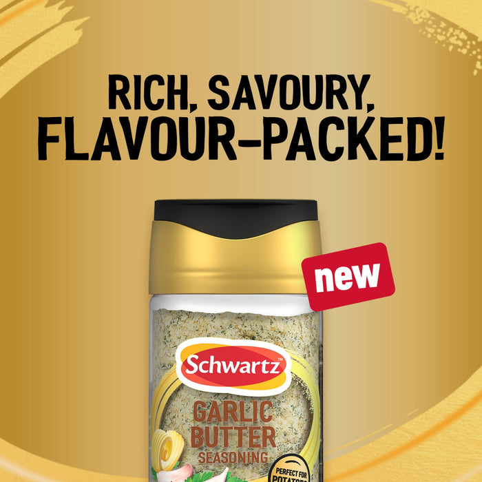 A promotional graphic for the new Schwartz Jr Garlic Butter Seas X6 featuring a rich and savoury seasoning blend against a golden background.