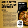 This recipe infographic for garlic butter roast chicken and potatoes features the flavorful Jr Garlic Butter Seas X6 as a key ingredient for seasoning the meat and vegetables.