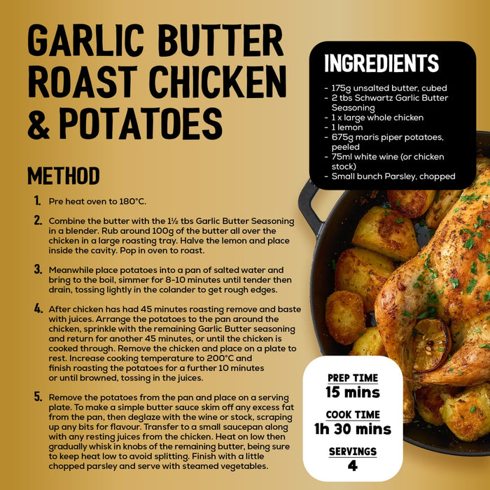 This recipe infographic for garlic butter roast chicken and potatoes features the flavorful Jr Garlic Butter Seas X6 as a key ingredient for seasoning the meat and vegetables.